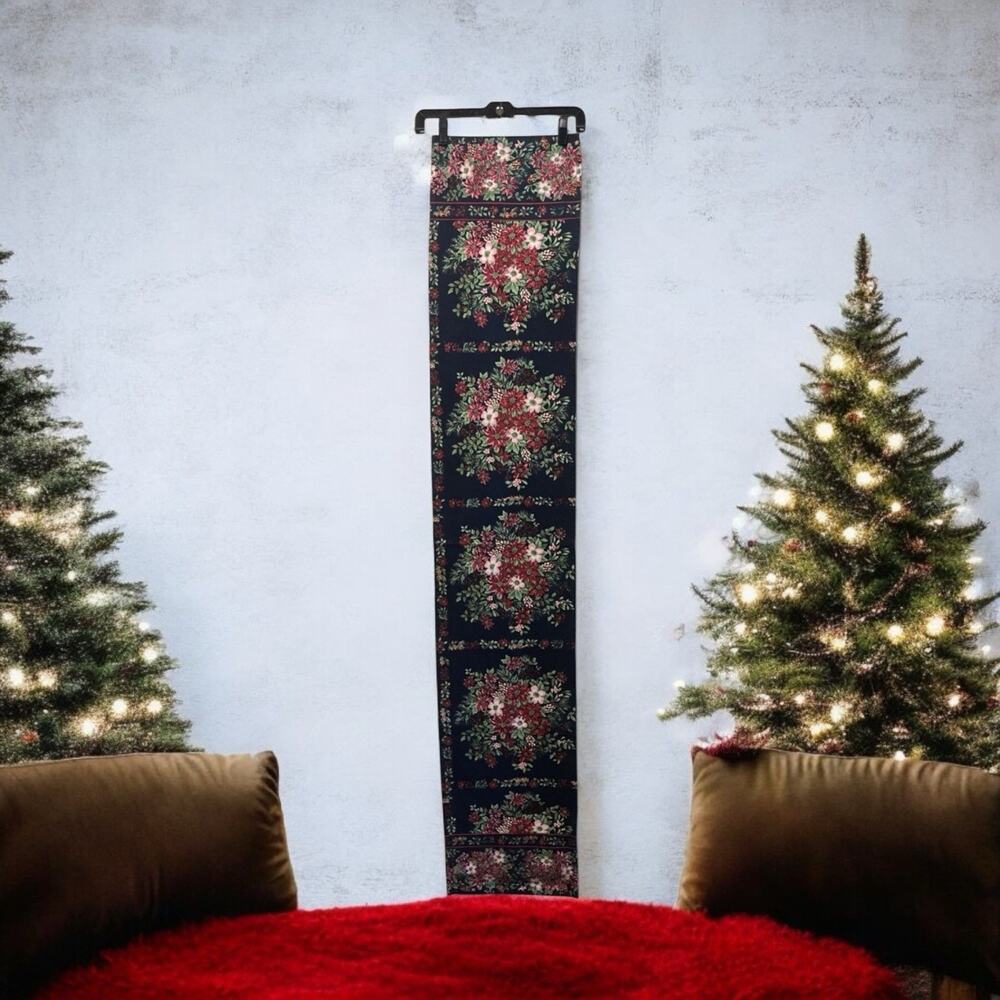 April Cornell Christmas Burgundy Pink Poinsettia Navy Blue Cotton Table‎ Runner